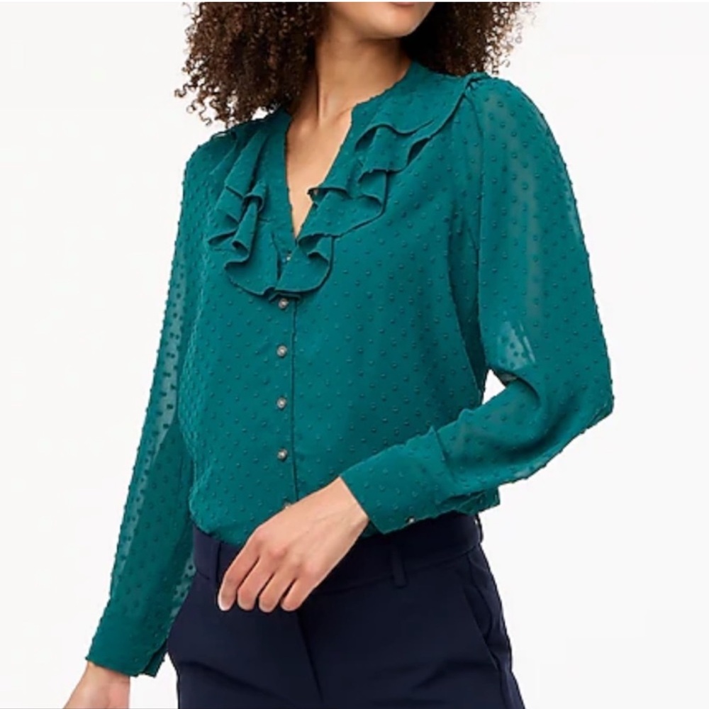 J. Crew Women’s S Academic Green V-Neck LS Ruffle Clip Dot Lined Top Blouse EUC